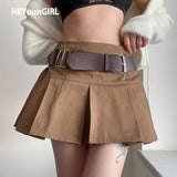 Casual Brown Pleated Mini Skirt Ladies High Waisted Short Skirts Womens with Belt Korean Fashion 90s Summer