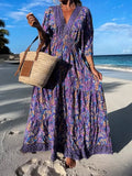 Summer 3/4 Sleeve Printed Boho Beach Long Dress Loose V Neck Waist Pleated A-Line Dress Casual Back Hollow Belt Maxi