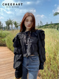 Puff Sleeve Crop Top Pleated Long Sleeve Blouse Women Black White Designer Top High Fashion Spring 2022 Womens