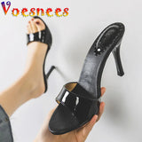 Voesnees 2021 New Women Brand Summer Slippers High Quality One Word Band Sandal Pure Colour Patent Leather High-Heeled