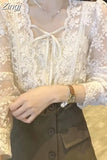 Lace Chiffon Blouse Women Sweet Puff Long Sleeve Lace-up Women's Shirt French Square Collar Flower Loose Top Blusas
