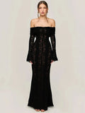 Lace Long Sleeve Off-shoulder Dress- Outfit