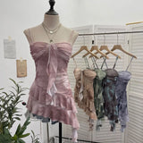 Real Shooting 2025 Spring And Summer New With Chest Cushions Dyed Mesh Sling Sling Vest Irregular Lotus Leaf Side Top