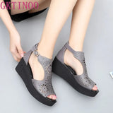 2021 New Hollow Genuine Leather Sandals Women Shoes Sandals Platform Wedges Summer Shoes Woman Fashion Casual