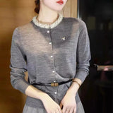 Gray Round Collar Long Sleeve Knit Cardigan Small