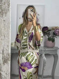 Elegant Satin Print Long Skirt Set For Women Fashion V Neck Single Breasted Shirt Suit 2024 Summer Lady Chic Loose
