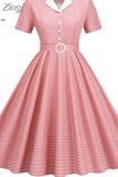 Women Summer Dress Print Plaid Robe Retro Swing Casual Elegant Vintage 50s Rockabilly Dress Party Dresses with Belt