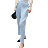 Folded Casual Trousers Women Simple And Comfortable Elastic High-Waist Straight Trousers Solid Color Wrinkles