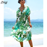 PETAL Green Tropical Print Midi Dress For Woman Sexy V-Neck Short Sleeve Beach Dress 2023 Summer Casual Sundress