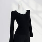 Zingj Temperament Commuter Black V Neck Nail Bead Sweater Women's New Early Spring Horn Sleeve Slim Long Sleeve
