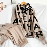 Women Knited Letter Sweater + Pants + Cape Long Scarf 3PCS Suits Knit Pullovers Cappa Wraps Wide Leg Trousers