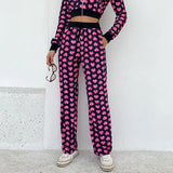 Velvet Heart Print Cropped Top Bomber Jacket Women Autumn Cute Pink Long Sleeve Coats Zipper Winter 90s