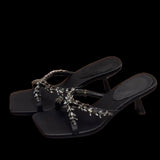 Water Drill Square Head High Heel Cool Slippers Women 2025 Summer New Wearing Toe Cross With Fine Heel