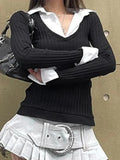 Polo Neck Splice Fake Two Piece Long Sleeve Knit- Outfit