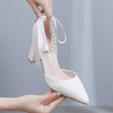 Cm Thick Heel Pointed Sandals With Shallow Female Sandals White Beaded Wedding Bride High Heels Large-Size
