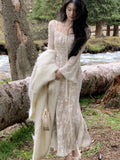 Vintage Wedding Party Midi Dresses for Women 2023 Autumn Winter Elegant Slim Flare Sleeve Mermaid Lace Female