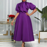 Plus Size Women's Summer Bow Solid Color Banquet Short Sleeve