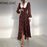 Women Elegant Vintage Puff Sleeves All Over Print with Disty Floral High Silt Maxi A-line Chiffon