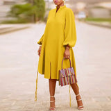 Office Lantern Sleeve Long Dress Chic Lady Stand Collar Print Party Dress Fashion Drawstring Button Loose A-Line