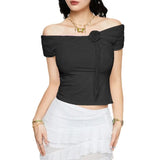 Zingj Style Sexy Lace Stitching Flower Short-Sleeve T-Shirt One-Line Shoulder Solid Color Slim Base