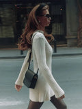 Neck Solid Knitted Ribbed Mini Dress Women Elegant Long Sleeve Slim Fit Short Dress 2023 Autumn Fashion Female Party