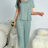 And Summer On The New Pajamas Female Milk Silk Short Sleeve Trousers Suit Classic Solid Color Casual