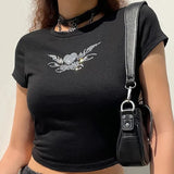 Punk Aesthetics T-shirt Y2K Woman Clothes Streetwear Gothic Crop Tops Rhinestones Heart Print Black Top Women