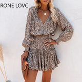 Women V-Neck Cheetah Ruffles Long Sleeve Dress Leopard Print Dress Elegant Fashion Chic