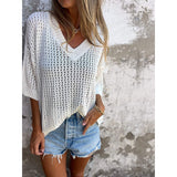 For The New T-Shirt Women's Hollow Long-Sleeved Knitted Shirt Languid Style Design V Collar Sunscreen Sexy