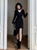 Women Midi Vestidos Folds Long Sleeve V Neck Hollow Out Sexy Brown Streetwear Casual Club Party Womens Christmas
