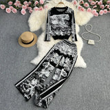 Zingj Suit Women's Round Collar Loose Jungle Animal Jacquard Long Sleeve Sweater Two-Piece High-Waisted Straight Leg Wide Leg