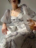 Floral Print Vintage Dress Women Sexy French Style Party Midi Dresses Casual Korean Fashion Elegant Retro Dress 2023