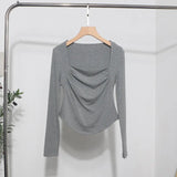 French Style Long-Sleeved T-Shirt Girl Autumn And Winter Collar Folded Folded Body Inside The Bottom Shirt Top