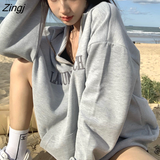 Women Letter Zipper Fashion Designer Loose V-neck Harajuku Mujer Clothes All-match Spring Autumn Bf Style Leisure