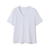 2022 Summer Casual Solid V-Neck T-shirt Women Knitted Cotton Basic Short Sleeve Tops Female Soft White Tee Shirt