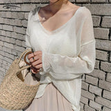 2021 Spring Summer Autumn Thin Sexy Women Tops Blouse V-neck Pullover Tops Solid Korean Loose Sunscreen New Lady