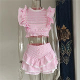 Plaid Ruffle Crop Top And Shorts Set- Outfit