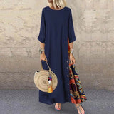 Vintage Maxi Dress Summer Solid O Neck Stitching Printed 3/4 Sleeve Side Buttons Dresses Loose Casual Long Dress Plus