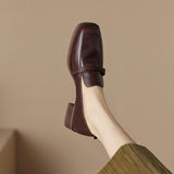 Brown Thick Heel Small Leather Shoes Women 2025 Spring New Temperament Retro Style Side In The Heel Women Single