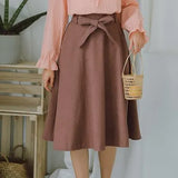 Women Skirt High Waist Pleated Knee Length Skirt Vintage A Line Big Bow