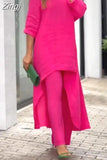 Cotton Linen Long Blouse Korean Fashion Wide Leg Pant Two-piece Set Irregular Women Casual Suit Loose Femme Outfit