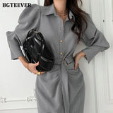 Chic Turn-down Collar Women Long Plaid Dress Fashion Single-breasted Belted Female Dress Full Sleeve Bodycon