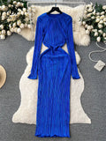 Solid Pleated Long Dress O Neck Full Flare Sleeves HIgh Elastic Female Skinny Fashion Autumn Retro Bodycon Party