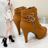 Zingj Heel Short Boots Women's Belt Buckle Martin Boots Women's Side Zipper Belt Thin-Heeled Women's Ankle