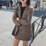 Retro Plaid Blazer Sets Single-breasted Jacket & Pencil Skirt Vintage 2 Pieces Skirt Suits Female Office Ladies Blazer