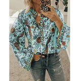 Women Print Blouses Casual Loose Tops Stand V Neck Long Sleeves Button Plus Size Pullover Female Tee Shirts