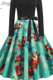 Women Christmas Dress 2023 Winter Long Sleeve Black Print Elegant Vintage Party Dresses Robe Femme