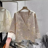 Chinese Style V-Collar Shirt Coat Inclined Door Flap Buckle Tang Dress Blouse Women's 2024 Spring Vintage Popular