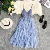 New Women Tulle Dress Summer Mesh Dress High Waist Hem Asymmetrical Pleated Fairy Dress Female Slim Mesh