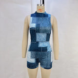 Zingj Summer New Casual Sleeveless Denim Print Waist And Hip Jumptop